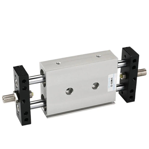 Double Rod Pneumatic Slide Table Air Cylinder Linear Actuator with heavy-duty design, showing metal construction and mounting features.