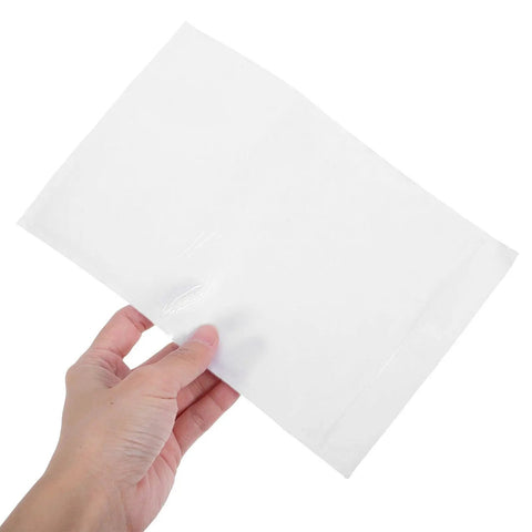 Hand holding adhesive packing list envelope with window design for shipping docs and invoices, 100 pack self sealing poly bags