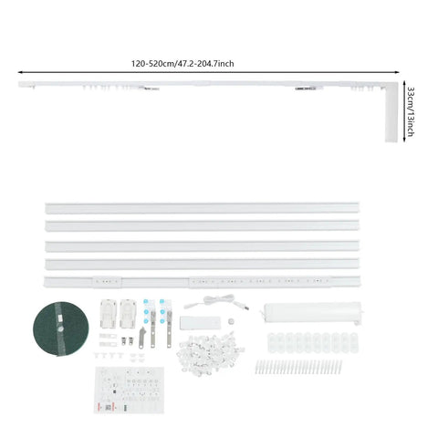 Electric Curtain Track With Retractable Motor For 7 To 17 Feet, Smart App Control And Manual Override, Auto Curtain Opener With Gentle Pull Activation, No Fuss Fit For I Rail And U Rail Systems, Ideal For Modern Smart Home Curtain Automation. White motorized curtain track kit with rail sections and hardware, 120-520 cm.