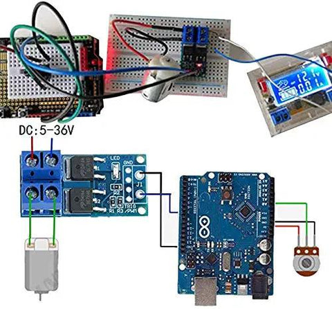 Wiring setup for 5 Piece 400W Dual High Power MOSFET Trigger Switch Drive Module With 15A Continuous Current 30A Peak For 5V To 36V DC.
