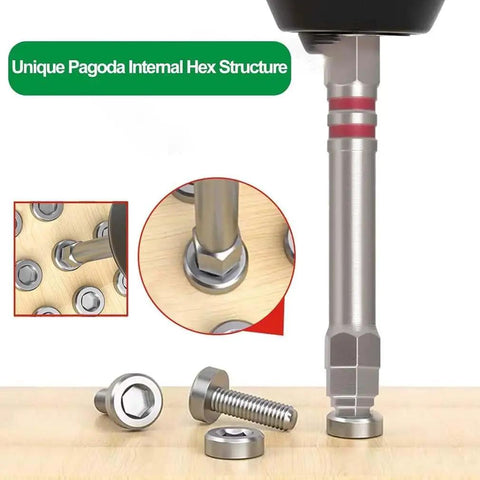 Six Piece Heavy Duty Magnetic Hex Shank Screwdriver Bits Set Featuring Pagoda Shaped Sockets For Electric Drills and Impact Drivers with close-up of pagoda sockets.