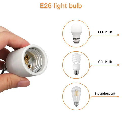Hand holding ceramic socket with E26 light bulb options: LED, CFL, Incandescent. Durable E26 And E27 Ceramic Light Socket Set With 12 Inch Wire Lead
