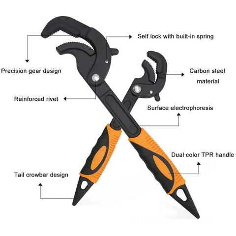 Two Piece Self Adjusting Wrench Set Universal Spanner And Pipe Wrench with dual color TPR handles and carbon steel material