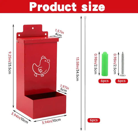 No Sweat Auto Fill Metal Chicken Grit Feeder Slick Oyster Shell Dispenser With Tight Lid, red, dimensions displayed.