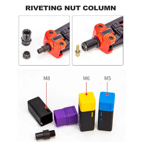 Heavy Duty Rivet Nut Tool Kit With Ergonomic Handle For Sheet Metal And Auto Jobs. No Tool Change Needed. Tough Steel Build Includes 10 Rivets And Nuts Plus Sturdy Case. M5 M6 M8 heads and threaded inserts