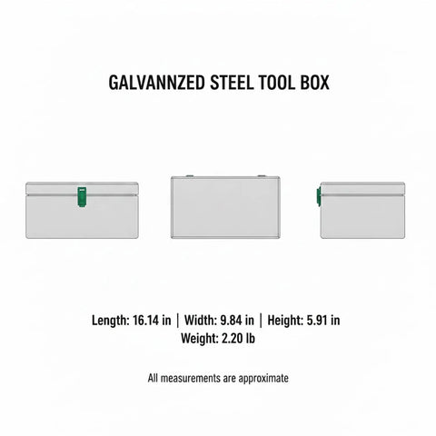 Product dimensions of Durable Galvanized Steel Tool Box With Lock And Handle For Workshop, Truck Bed, And Job Site Organization.