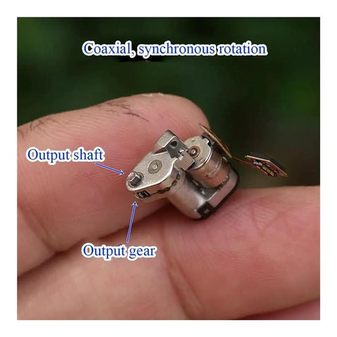 Precision Stepper Motor Electronic Starter With Planetary Metal Gearbox on fingertip, showing output shaft and gear.