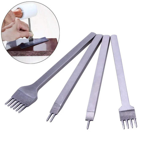 4 Piece Leather Lacing Stitching Punch Set With 1 2 4 6 Prongs And Plastic Aid Pulling Board Durable White Steel Hole Punch Tools
