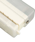 Close-up of portable Heavy Duty Do It All 6 Hole Paper Puncher with transparent body, highlighting metal components and positioning pillar.