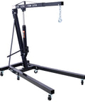 Hella Stable 2 Ton Folding Engine Hoist Cherry Picker with black steel frame and smooth rolling iron caster wheels.