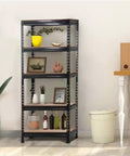 5-Tier Boltless Storage Shelf Built Different With Rock Solid Iron Frame for Garage and Workshop Heavy Duty Adjustable Racks Scratch Resistant Powder Coat Finish Black, showcasing plants and decor.