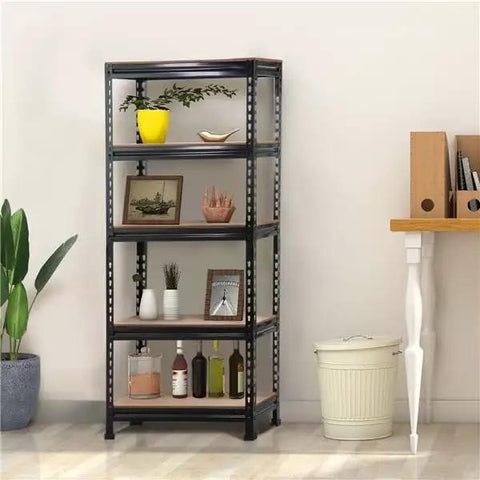 5-Tier Boltless Storage Shelf Built Different With Rock Solid Iron Frame for Garage and Workshop Heavy Duty Adjustable Racks Scratch Resistant Powder Coat Finish Black, showcasing plants and decor.