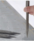 Heavy Duty Nail Setter Punch And Center Punch Set With Three Swappable Tips And One Eighth Inch Marking Point for precise marking on metal surface.