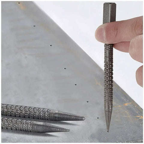Heavy Duty Nail Setter Punch And Center Punch Set With Three Swappable Tips And One Eighth Inch Marking Point for precise marking on metal surface.