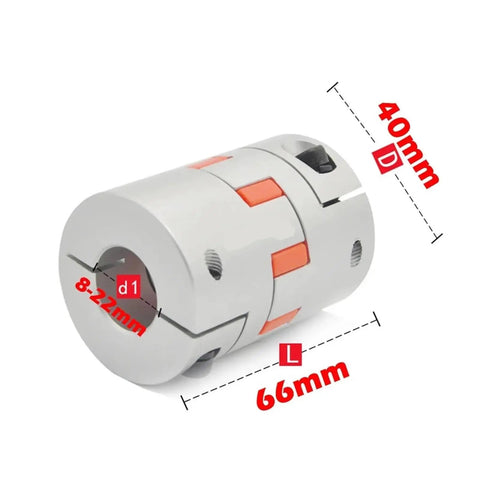 Heavy Duty Plum Clamp Jaw Shaft Coupling for Reliable Power Transmission, 40mm D, 66mm L, 8-22mm bore aluminum alloy structure.
