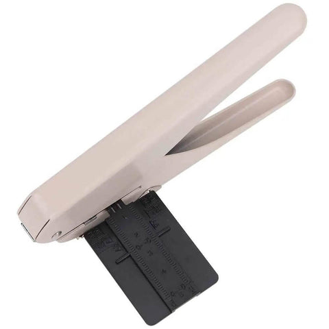 Mushroom Hole Puncher 6 Sheet A4 Capacity, beige paper punch for office school and craft, side view with measurement guide