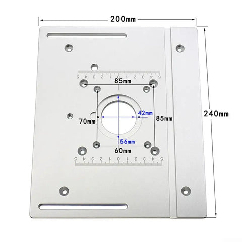Tough As Nails Aluminum Router Table Insert Plate, 200mm x 240mm, features CNC engraved scaling for precision cutting.