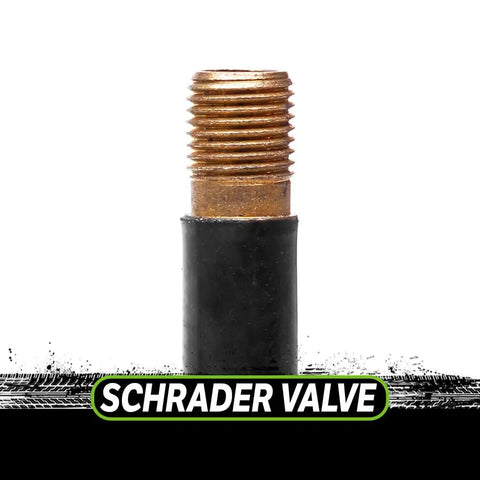 Close-up of Schrader valve on Extra Strong Self Sealing Bicycle Tube 26 Inch By 1.75 To 2.125 Inch, seals punctures up to 1/8 inch