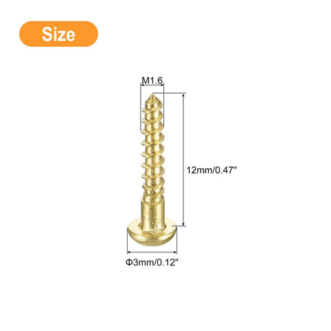Brass Wood Screws M1.6 x 12mm Self Tapping Slotted Round Head for Woodworking Durable Corrosion Resistant Fasteners size view