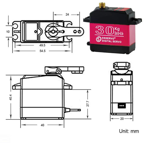 Beefy 30Kg Metal Gear Digital RC Servo With 270 Degree Sweep And Waterproof Aluminum Case dimensions and design overview