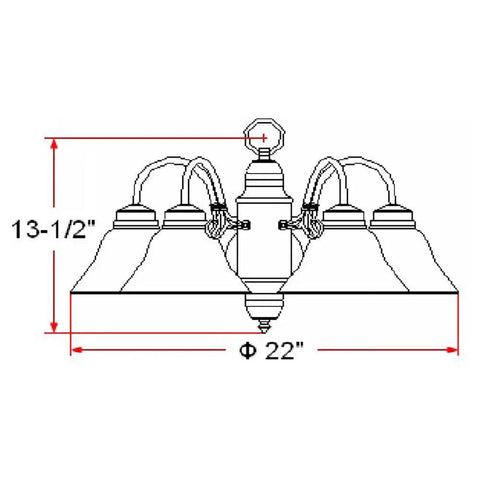 Diagram of Five Light Chandelier In Satin Nickel With Alabaster Glass Shades Dimmable Fixture, 13.5 in high and 22 in wide.