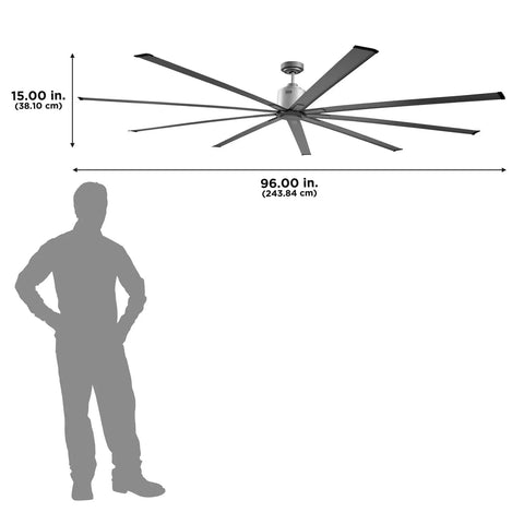 96 Inch Heavy Duty Industrial Ceiling Fan In Slick Silver With Six Speed Remote Control dimensions showing 15 inch height and 96 inch width.