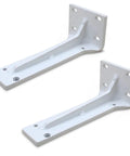 Rock Solid Heavy Duty Folding Shelf Brackets 2 Pack Wall Mounted Right Angle Supports For Open Shelving DIY Projects Ready To Install With Hardware White Powder Coated Steel brackets showing front and side angles.
