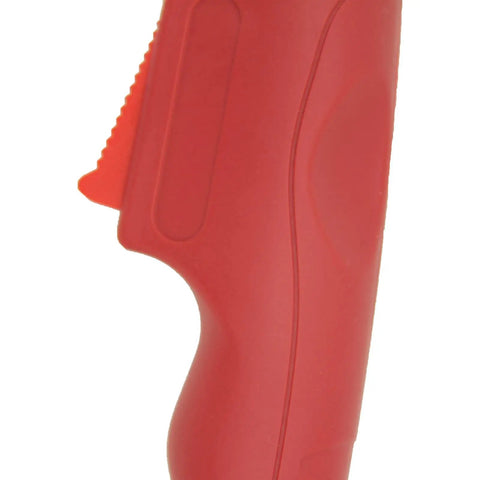 Close-up of red handle on PT31 Air Plasma Cutting Torch Head Heavy Duty High Frequency 40A Red Handle Includes Long Electrode Long Tip 1.1 Swirl Ring Shield Cup Kit Works With Four To Six KGF Per Square Centimeter Air Pressure And Sixty Percent Duty Cycle For Precise Metal Cutting