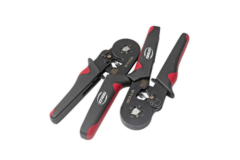 Self Adjusting Ratchet Ferrule Crimping Tool Kit With 1800-Piece Wire Ferrules For Insulated And Uninsulated Connectors Pro Grade 0.25-10 Mm2 Crimp Range Includes Red And Black Pliers For Any Wiring Project, showing two red and black pliers.