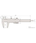 Diagram of Seven Inch Vernier Caliper With Inch And Metric Range with measurements and pro grade hardened stainless steel