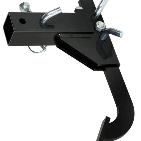 Close-up of black metal hitch with bolts for New Soil Kit For ATV UTV And Tractors Includes 1 Point Lift Cultivator Disc Plow And Middle Buster Built For Heavy Duty Farm Field Prep Garden Beds And Landscape Tasks Ready To Roll.