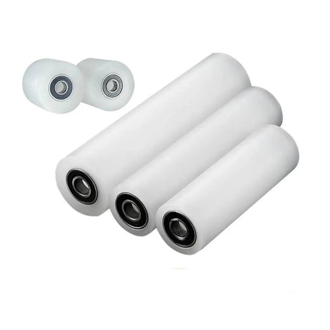 Tough As Nails Nylon Guide Pulley Roller Wheel Delivering Silky Smooth Glide For Easy Moving Of Heavy Gear Along Sliding Doors And Quick Belt Conveyor Track Installation, featuring white nylon wheels of varying lengths.