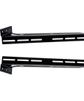 Two black powder-coated steel amplifier rack brackets with laser-cut slotted rails for car audio wall/floor mount