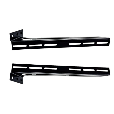 Two black powder-coated steel amplifier rack brackets with laser-cut slotted rails for car audio wall/floor mount
