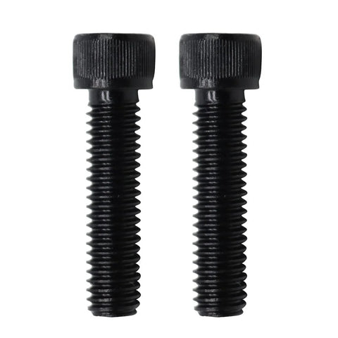 Front view of two black knurled-thumb screws with long threaded shafts