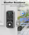 Top Tier Smart Keyless Entry Door Lock With Digital Keypad And Built In WiFi Deadbolt features weather-resistant design on a door.