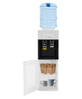 5 Gallon Top Load Water Cooler Dispenser with hot and cold water, freestanding unit, white with cups stored in cabinet