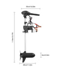 Slick 60 Lb Thrust Transom Mounted Electric Trolling Motor With Eight Speed Settings And Led Battery Display Kickin Up Waves For 9.8 To 19.7 Foot Watercraft showing dimensions and features.
