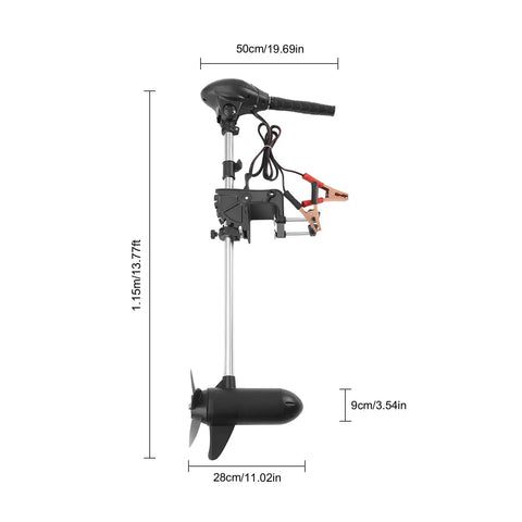 Slick 60 Lb Thrust Transom Mounted Electric Trolling Motor With Eight Speed Settings And Led Battery Display Kickin Up Waves For 9.8 To 19.7 Foot Watercraft showing dimensions and features.