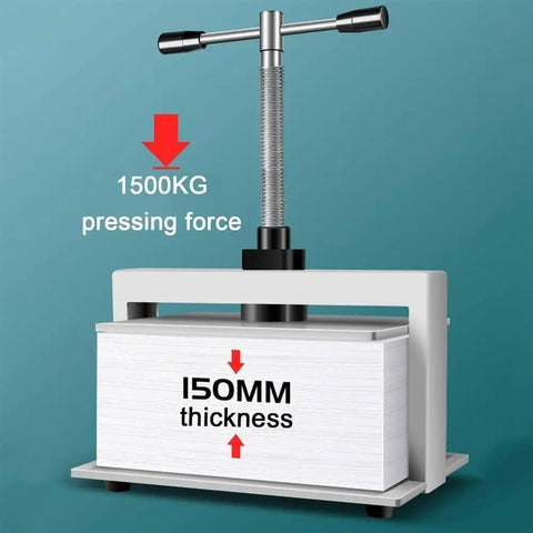 Game Changing Heavy Duty Steel Book Press Machine Built To Flatten Wrinkled A3 And A4 Sheets With Double Balance Rod and Serious Squeeze Workhorse shown with 1500KG pressing force.