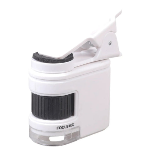 Pocket Sized Digital Microscope With 1000X Magnification And Built In LED Light For Close Up Viewing Of Tiny Subjects Like Fabric Weave Leaves And Electronics In A Compact Grab And Go Gadget. White plastic pocket microscope with 80X focus dial and clip