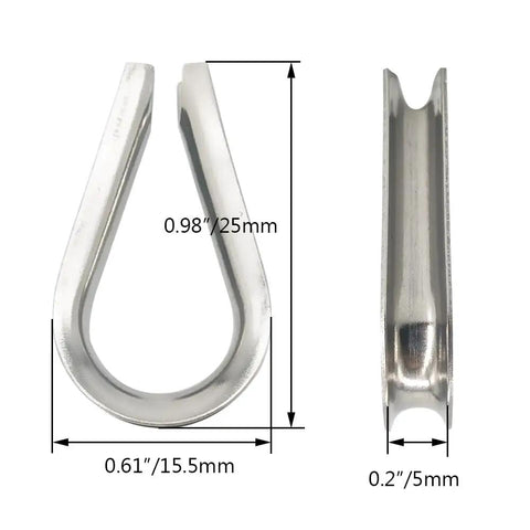 Heavy Duty Wire Rope Hardware Set With Thimble And Aluminum Crimp Loop For 3/16 Inch Cable Includes M4 Clamps 304 Stainless Steel Rust Resistant DIY Rigging Kit For Outdoor Projects Fences And Hoists - Thimble Dimensions