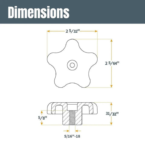 Dimensions of knob and T bolt from Universal 48 Inch T Track Kit With 17 Piece Hardware Set For Workbenches And Jigs, Pro Grade Knobs And T Bolts.