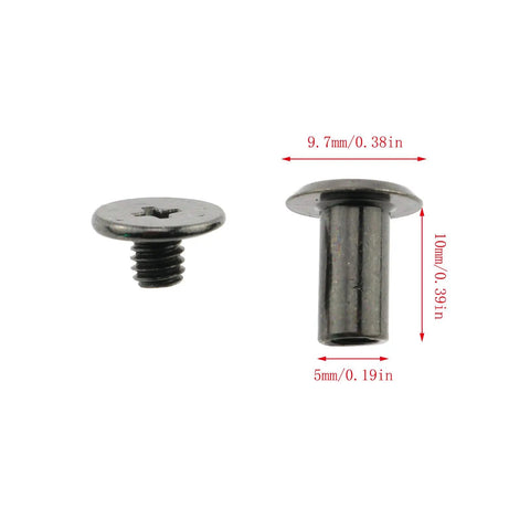 50 Pack 5x10mm Carbon Steel Chicago Screws Phillips Drive Cross Head Bindery Rivets Black Plated Coating for bookbinding, showing two screws.