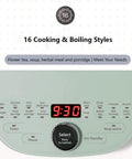 Control panel of All In One Health Pot Electric Kettle With Infuser, showing 16 menu boil functions and digital timer.