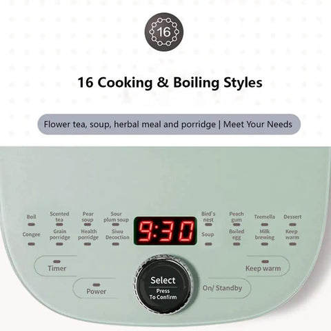 Control panel of All In One Health Pot Electric Kettle With Infuser, showing 16 menu boil functions and digital timer.