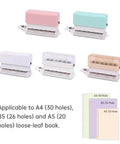 Five pocket-size six hole round paper punches in pink, green, white, transparent brown for A4 A5 B5 notebooks and planners