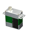Heavy Duty Micro Digital Servo With Coreless Motor And Tough Metal Casing For MGD Steering Gear Swaps, showing green and silver casing.