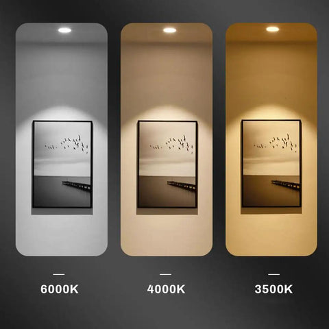 Three color temperature samples of Snag This Top Shelf 9 Pack Of Ultra Slim Led Recessed Ceiling Lights With Selectable 3000K To 6000K.