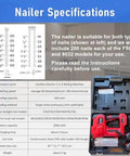 Specifications for Badass Cordless 2 In 1 Brad Nailer And Tacker With 21V Rechargeable Battery including nail types and features.